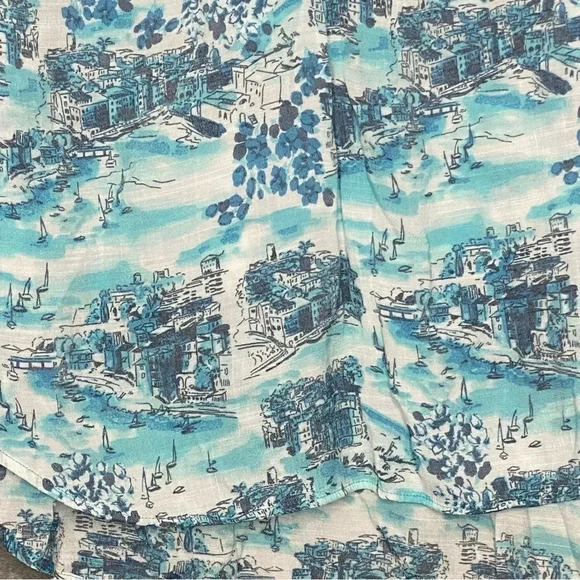 Cj Banks 1X Top Shirt Blue Floral Landscape Button Up V Neck 3/4 Sleeve High Low - Picture 2 of 7